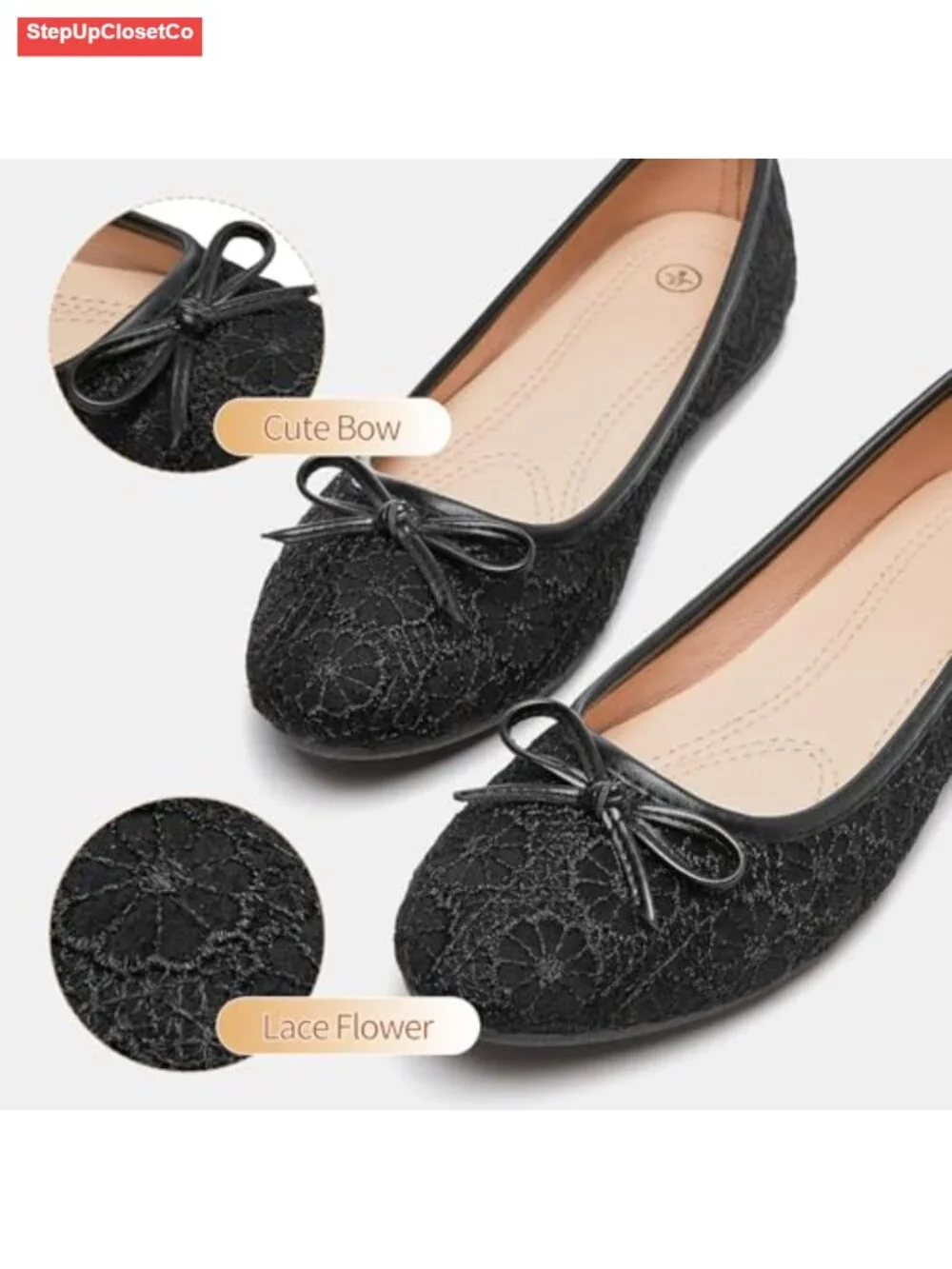 Womens Black Ballet Flats Shoes Point Toe Slip On Bow Flats Comfort Dressy
